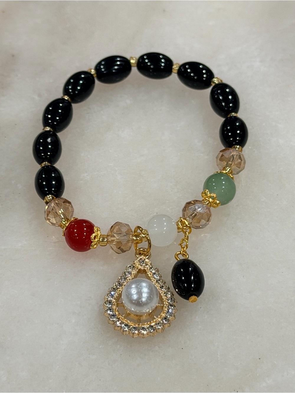 Multi-Colored Stretch Beaded Bracelet Pearl Teardrop Charm Handmade Jewelry
